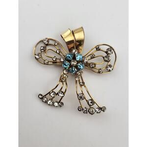 Vintage MES 1/20 12K GF Blue Rhinestone Bow Brooch Pendant 1940s Jewelry